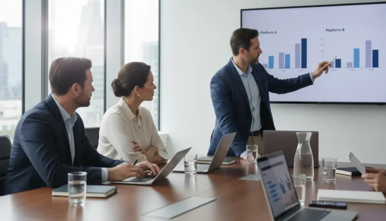 Profissionais de e-commerce em reunião estratégica analisando gráficos e dados para decidir a melhor opção entre Shopify vs. plataformas nacionais.