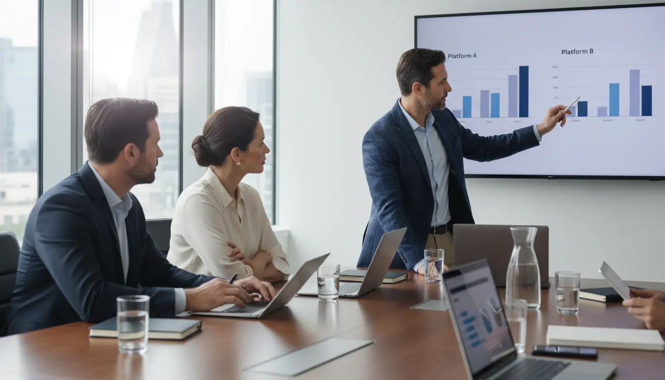 Profissionais de e-commerce em reunião estratégica analisando gráficos e dados para decidir a melhor opção entre Shopify vs. plataformas nacionais.