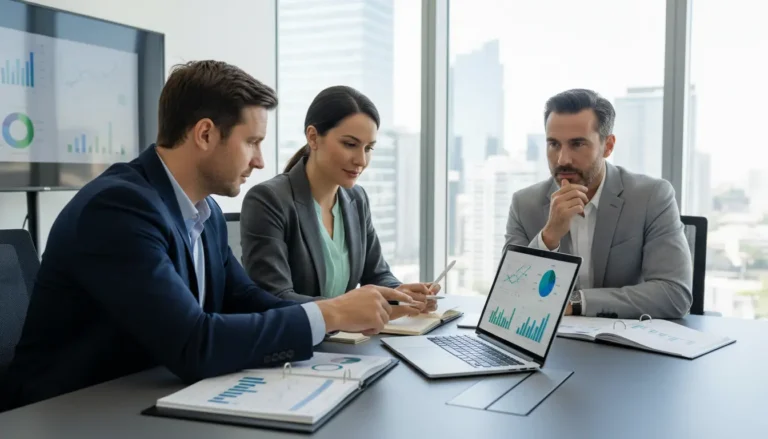 Três profissionais de negócios em uma reunião avaliando dados e gráficos em um laptop e monitor