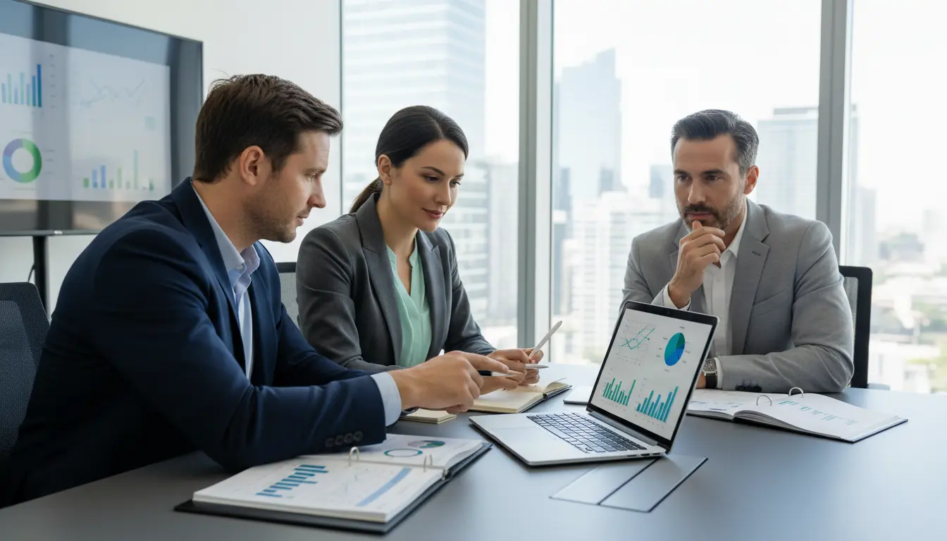 Três profissionais de negócios em uma reunião avaliando dados e gráficos em um laptop e monitor