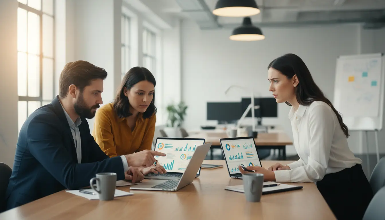 Equipe de marketing analisando dados e comparando as funcionalidades de Klaviyo vs SalesForce vs RD Station em notebooks e tablets durante uma reunião de estratégia.