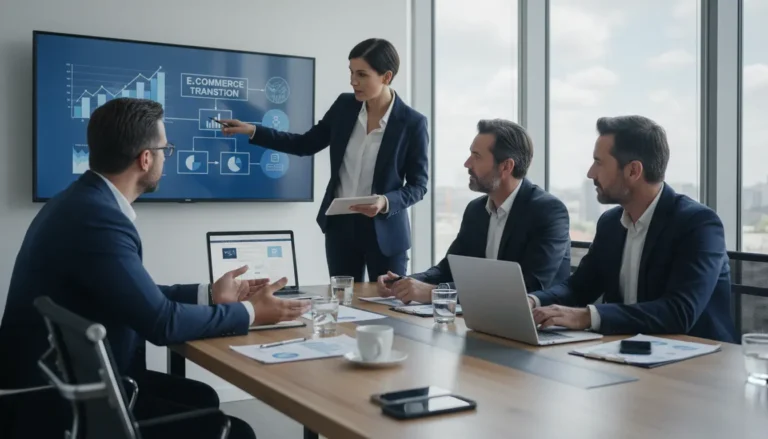 Mulher de negócios apresenta dados de desempenho em reunião