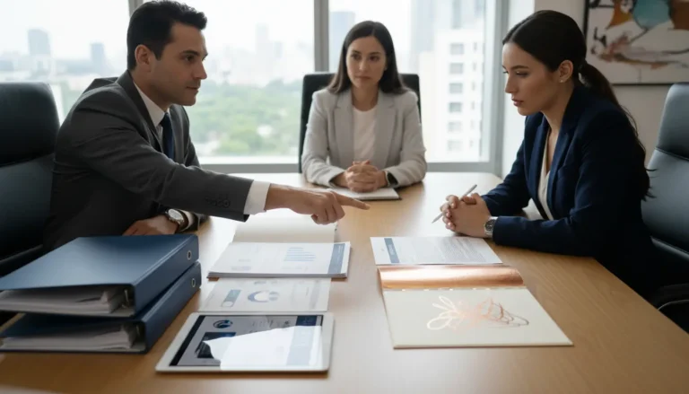 Profissionais de negócios discutindo a melhor opção: agência de e-commerce full service vs. boutique