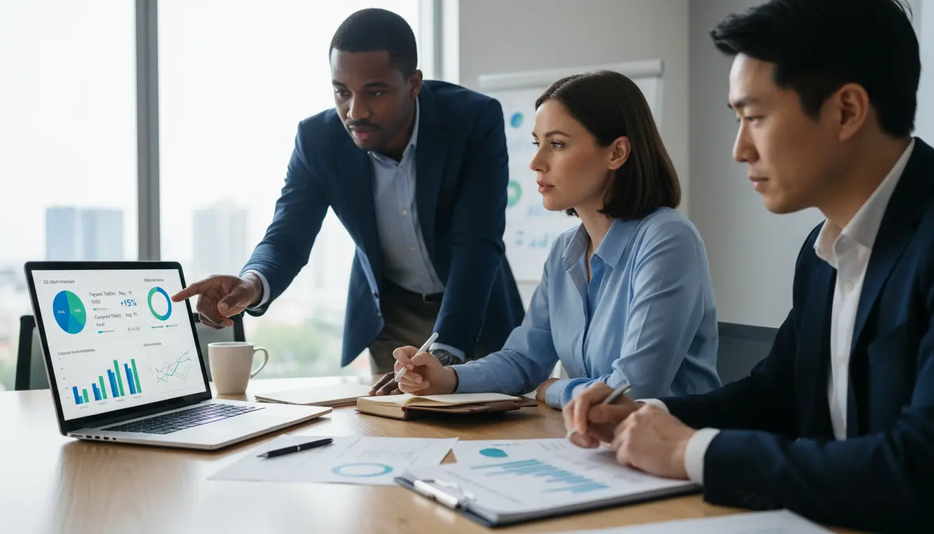 Profissionais em reunião analisando dados de desempenho de SEO em um laptop para entender como auditar agência SEO