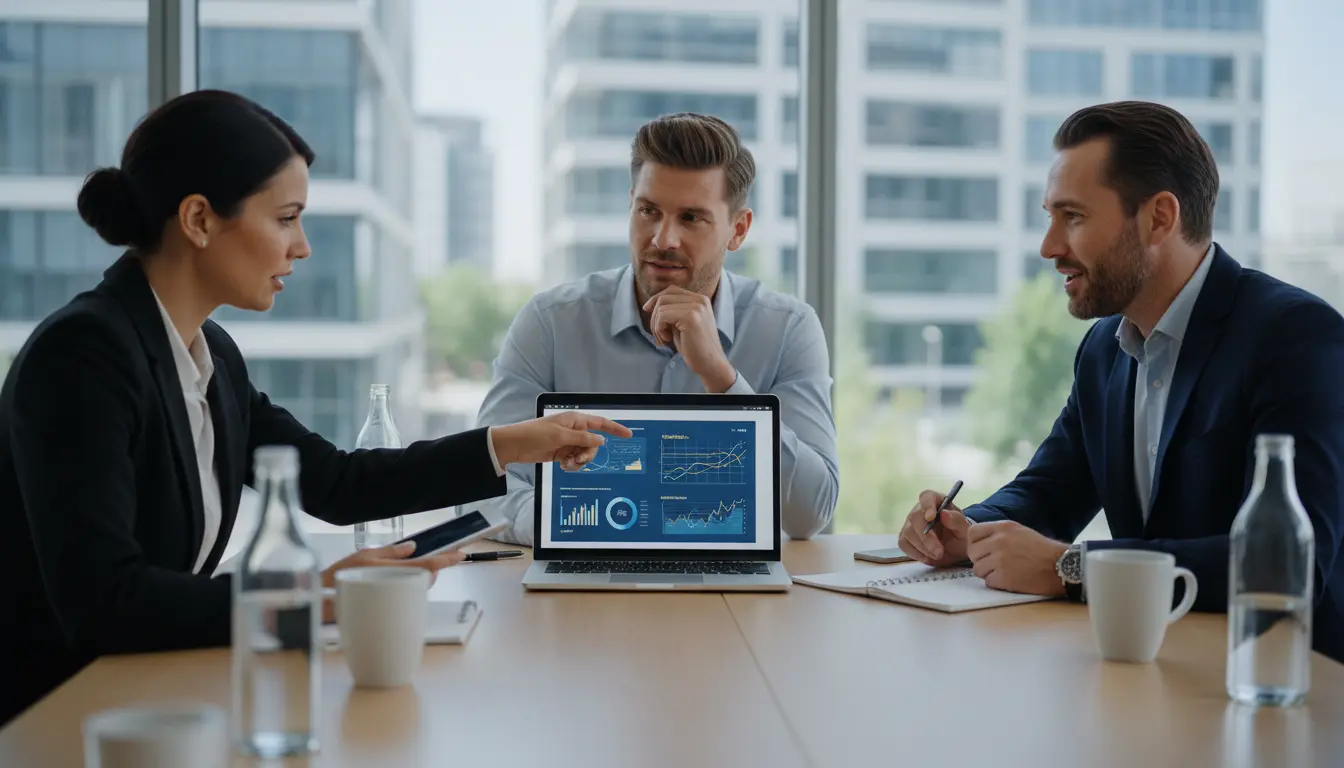 Mulher de negócios apresenta análise de dados em laptop durante reunião