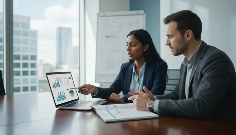 Especialistas em SEO analisando gráficos e relatórios em um laptop