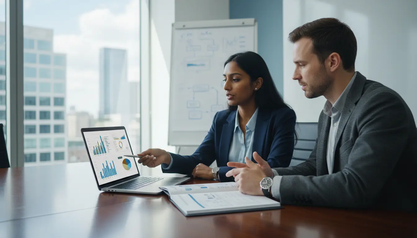 Especialistas em SEO analisando gráficos e relatórios em um laptop