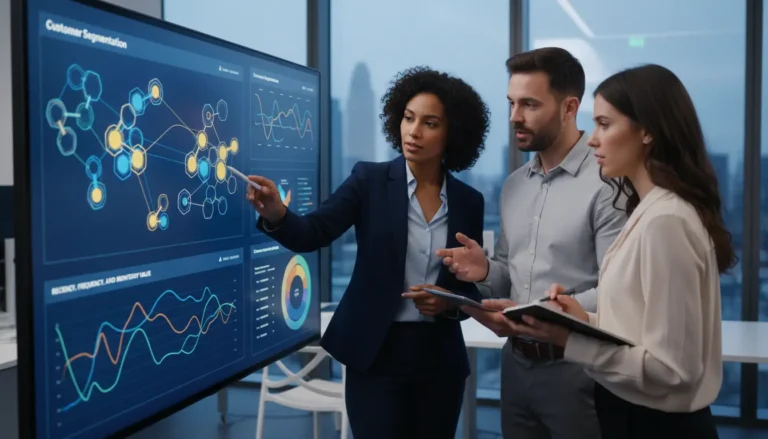 Consultora de CRM apresenta insights de dados de clientes utilizando a metodologia RFM em um painel digital interativo para dois colegas em um ambiente de escritório moderno