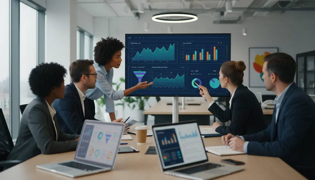 Equipe de negócios analisa dados de app commerce e retenção em dashboards para otimizar estratégias de engajamento e fidelidade do cliente.