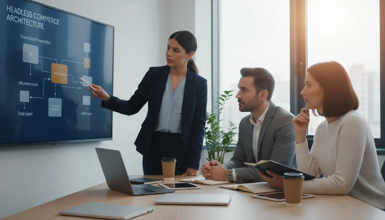 Consultora de uma das melhores agências VTEX IO apresentando a arquitetura de um projeto VTEX IO em reunião com clientes.