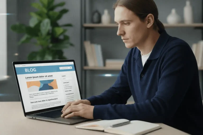Homem digitando em um laptop, criando conteúdo para um blog para e-commerce.