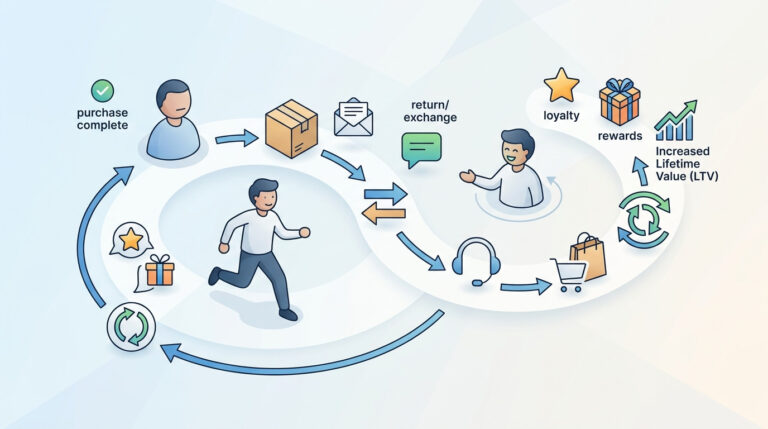 Ilustração visual do ciclo de pós-venda no e-commerce, mostrando como a excelência na entrega, o suporte ao cliente, a comunicação proativa e programas de fidelidade impulsionam a retenção, recompensas e o aumento do lifetime value.