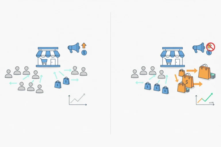 Infográfico comparando o impacto do CRO em um e-commerce. À esquerda, mostra visitantes atraídos por anúncios, resultando em poucas compras. À direita, com publicidade reduzida, os mesmos visitantes geram um volume muito maior de vendas, ilustrando como o CRO ajuda a otimizar a experiência para aumentar visitas no e-commerce e a lucratividade sem aumentar os gastos com anúncios.