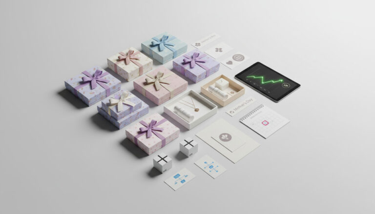 Imagem gerada por IA em 3D com kits de presente para o dia das mães separada em caixas de diferentes tamanhos, ilustrando essa divisão na página do produto