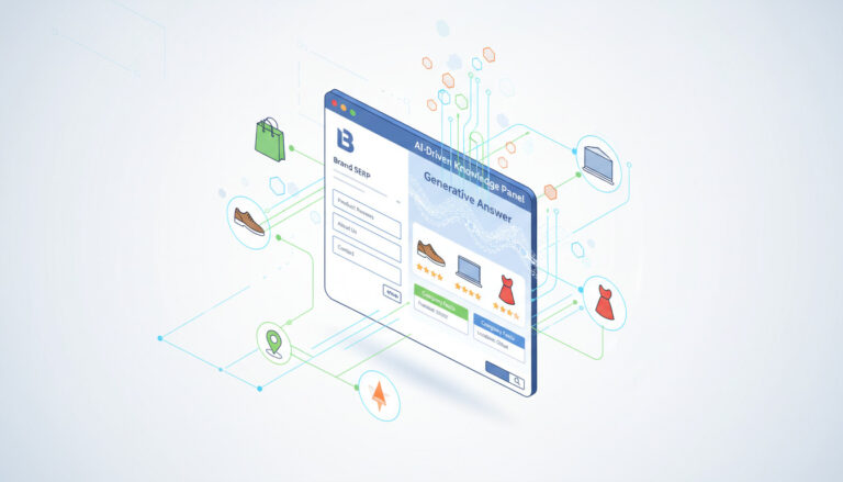 Visualização isométrica de uma interface de e-commerce com busca de produtos e recomendações personalizadas. Um ecossistema de dados e entidades interconectadas, incluindo produtos, localização e comportamento do usuário, representa como o entity seo ecommerce otimiza a brand SERP para a inteligência artificial, melhorando a descoberta e relevância dos itens.