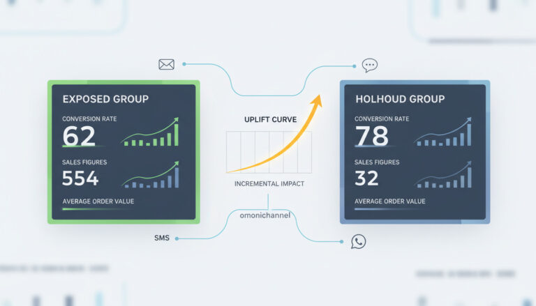 Infográfico gerado em IA de holdout test crm comparando grupo exposto e holdout, mostrando a incrementalidade de email, SMS e WhatsApp nas taxas de conversão e vendas com curva de uplift.