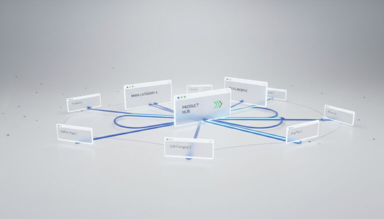 Ilustração de um sistema de linkagem interna e-commerce, com um hub central conectando diversas páginas para otimizar a navegação do usuário e impulsionar as conversões.