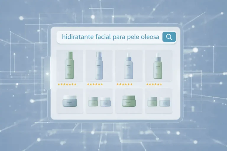 Página de resultados de busca de e-commerce mostrando produtos para a long tail keyword "hidratante facial para pele oleosa", ilustrando a relevância das palavras-chave de cauda longa para vendas de produtos.