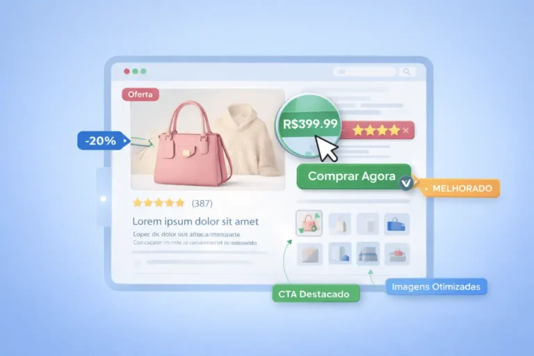 Interface de página de e-commerce sendo otimizada, com cursor ajustando botão de compra, elementos destacados como preço, CTA e imagens, estilo UI moderno, layout limpo, detalhes em destaque como melhorias com CRO.