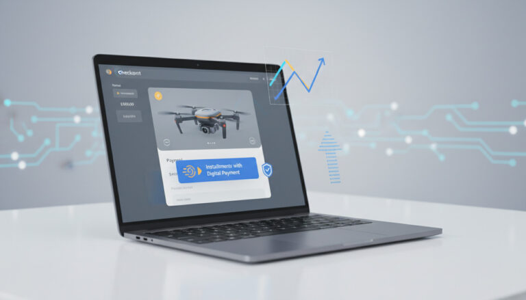 Interface de e-commerce em laptop exibindo um drone e opções de compra, simbolizando o impacto do pix parcelado ecommerce na conversão, ticket médio e risco operacional.