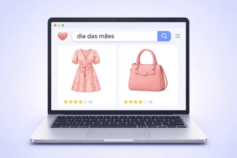 Representação 3D de um laptop aberto em um e-commerce exibindo uma pesquisa por "dia das mães" com produtos femininos.